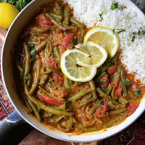 A bowl of vegan Lebanese green bean stew with rice.