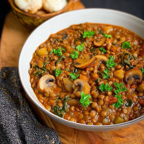 A bowl of vegan lentil mushroom stew.