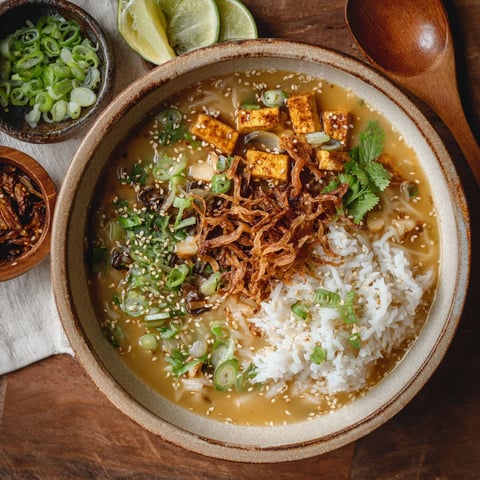 A bowl of soup with rice and vegetables.