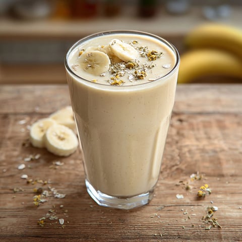 A glass of banana chamomile tea smoothie.