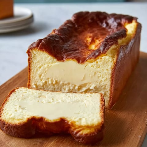 A slice of burnt Basque cheesecake in a loaf pan.
