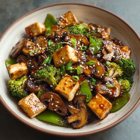 A bowl of stir-fry with mushrooms and tofu.