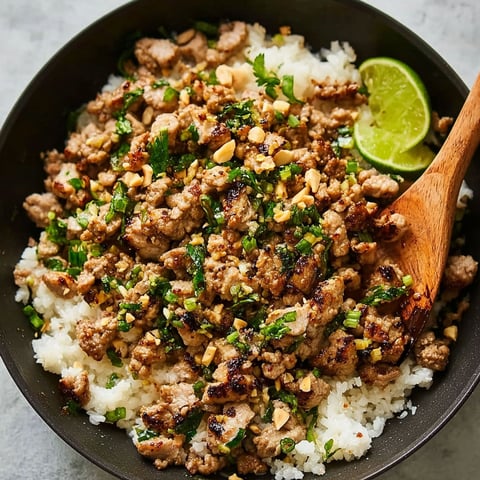 A bowl of pork with ginger and lime, served with coconut rice.