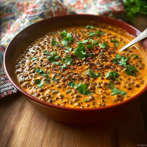 A bowl of creamy lentils with green herbs on top.