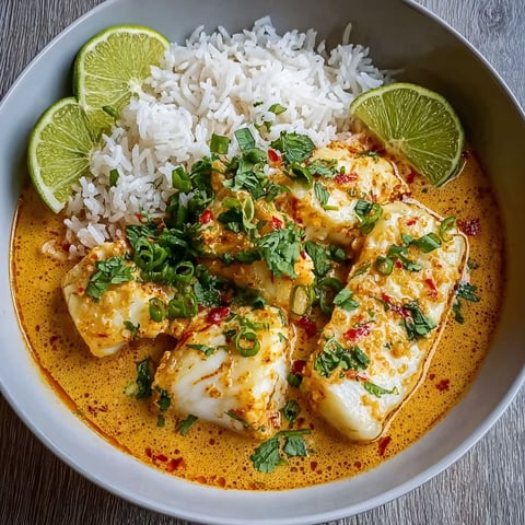 A bowl of fish curry with jasmine rice.