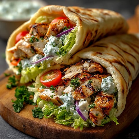 A gyro sandwich with chicken and lettuce.