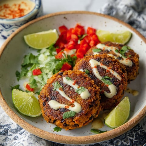 A plate of food with lime drenched sweet potato black bean patties.