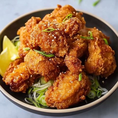 A bowl of fried chicken with sesame seeds on top.