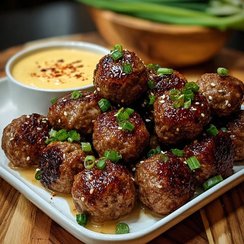 A plate of meatballs with a dipping sauce.