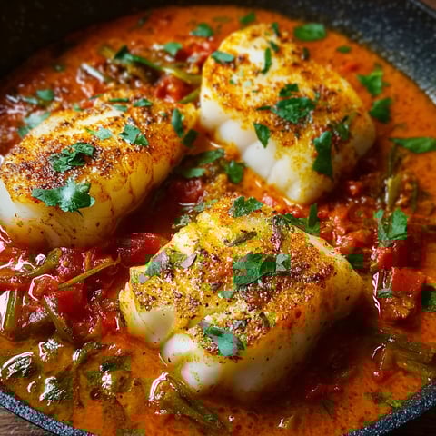 A pan of cooked cod in a red pepper sauce.
