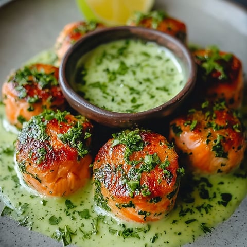 Salmon balls with creamy avocado sauce.