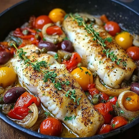 A pan of fish with tomatoes, onions, olives, and capers.