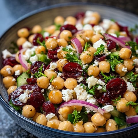 A bowl of feta and cranberry chickpea salad with a lemon vinaigrette.