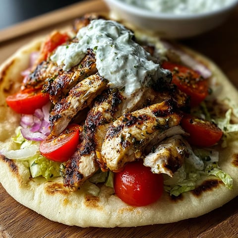 A gyro with chicken, tomatoes, lettuce, and a lemon-herb marinade.