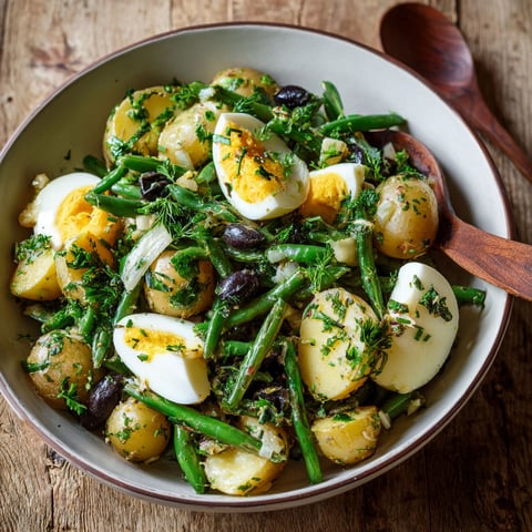 A bowl of French-style potato and green bean salad.
