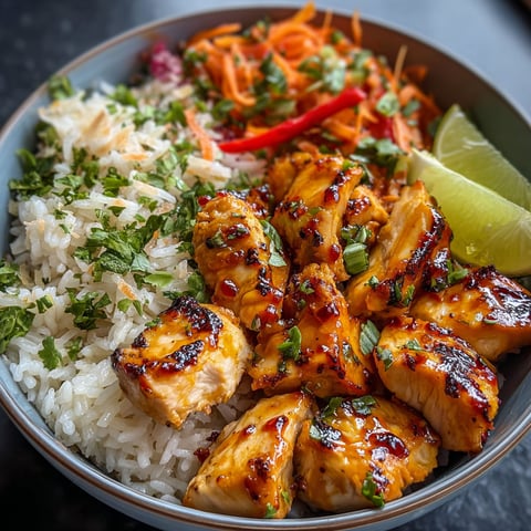 A bowl of food with rice, chicken, and carrots.