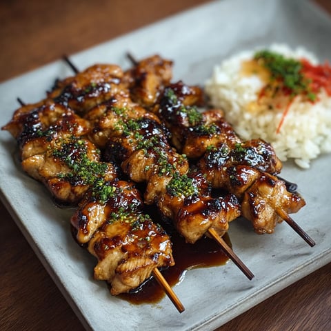 Chicken skewers with sauce on a plate.