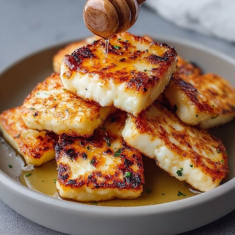 A plate of crispy air-fried halloumi with a honey drizzle.