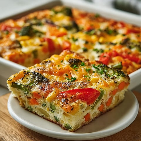 A white plate with a slice of a high-protein cottage cheese veggie bake.