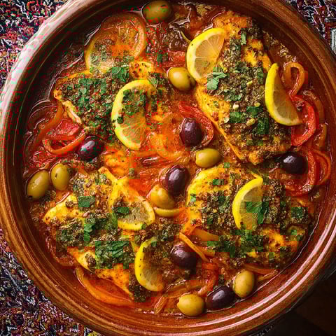 A bowl of fish with olives and lemon.