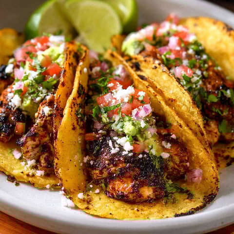 A plate of chicken tacos with salsa and lime.