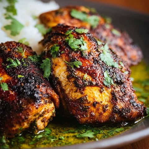 A plate of chicken with a sauce and rice.