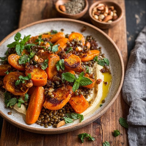 A plate of roasted carrots and lentils with hummus.