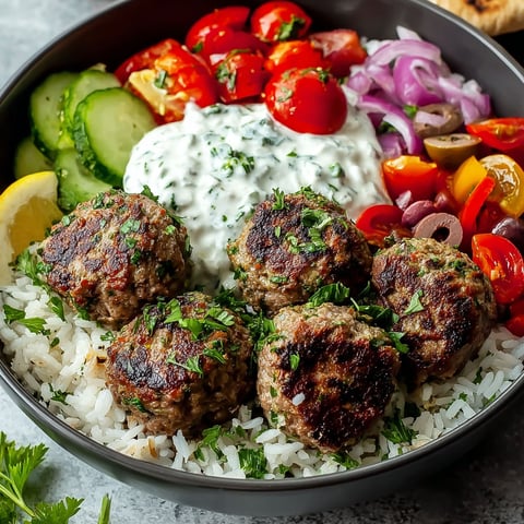 A bowl of meatballs with rice and fresh vegetables.