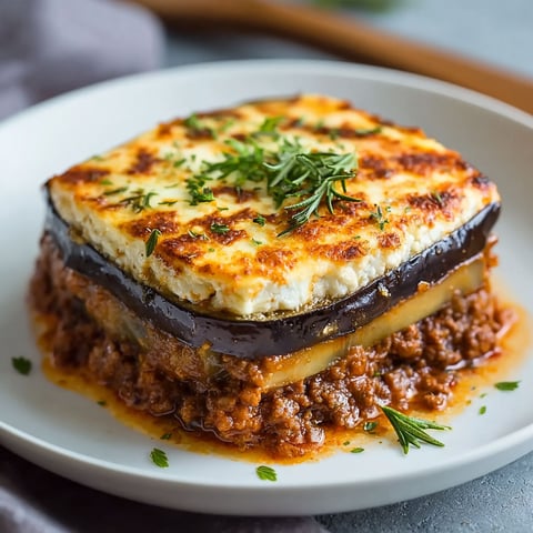 A plate of food with a Greek eggplant moussaka.