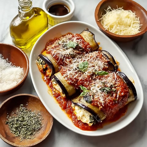 A plate of eggplant rollatini with sauce.