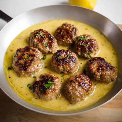 A pan of meatballs in a lemon sauce.
