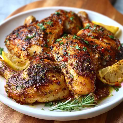 A plate of grilled chicken with lemon wedges on the side.