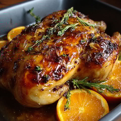 A roasted chicken with oranges on top.