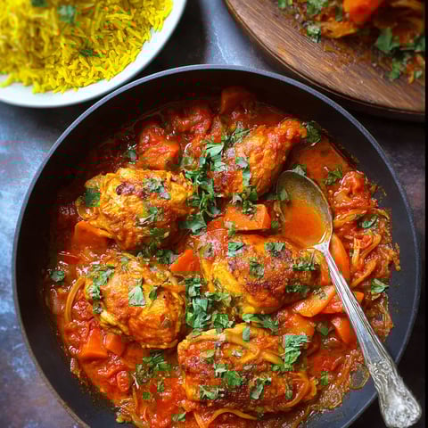 A bowl of Moroccan chicken stew with a spoon in it.