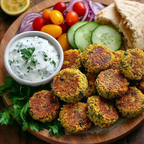 A plate of baked falafel with tzatziki sauce.