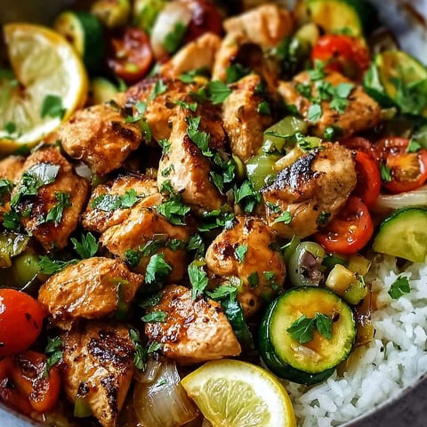 A skillet of chicken with vegetables and rice.