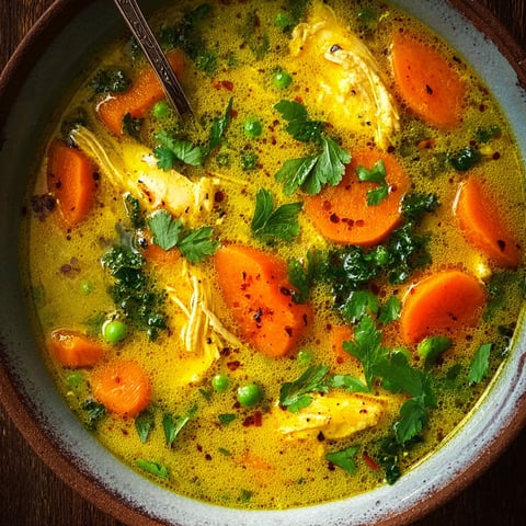 A bowl of soup with carrots and peas.