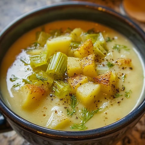A bowl of soup with roasted celery and potatoes.