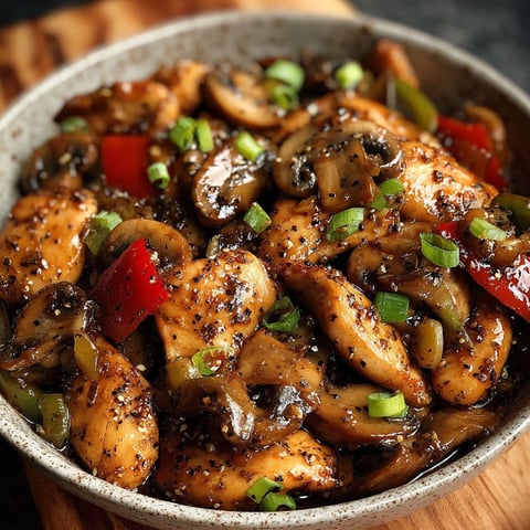 A bowl of black pepper chicken with mushrooms.