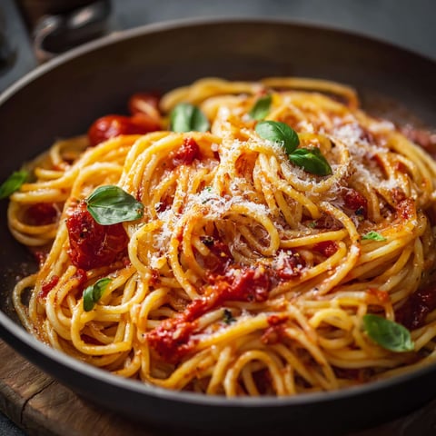 A bowl of spaghetti with tomatoes and basil.