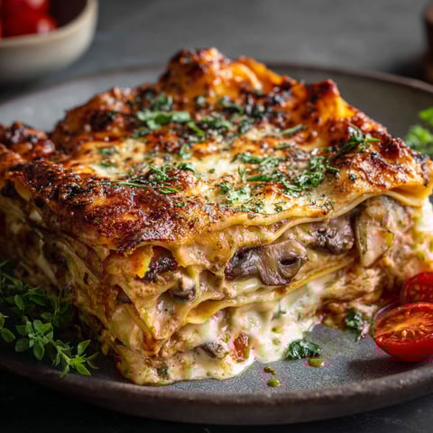 A delicious mushroom lasagna on a plate.