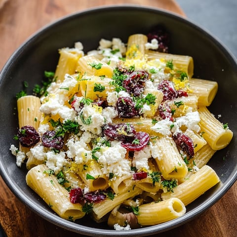 A bowl of pasta with feta cheese and cranberries.