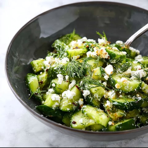 A bowl of smashed cucumber salad with feta and dill.