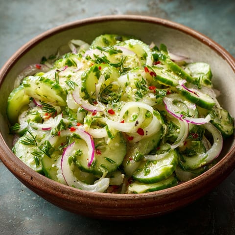 A bowl of cucumber salad with red onions.