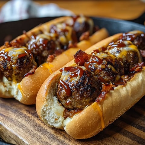 Two hot dogs with meatballs and bacon on top.