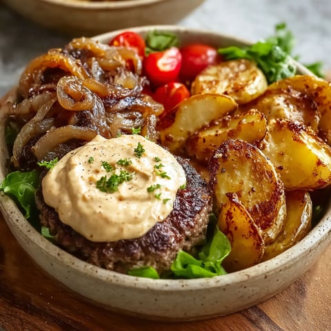A bowl of food with a burger and caramelized onion aioli.