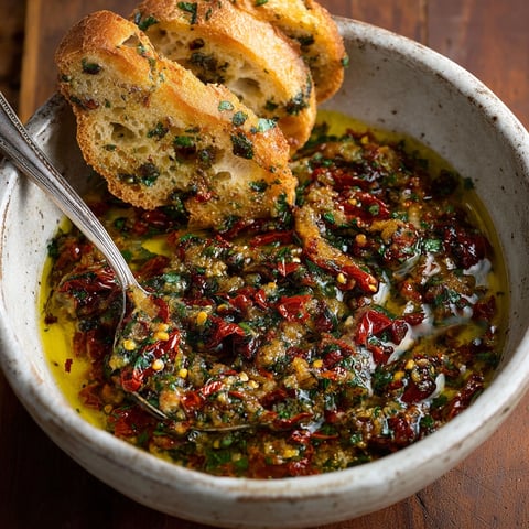 A bowl of sun dried tomato olive oil bread dip.