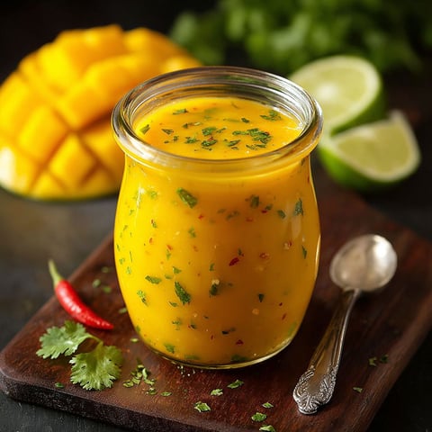 A glass jar of sweet and spicy mango salad dressing.