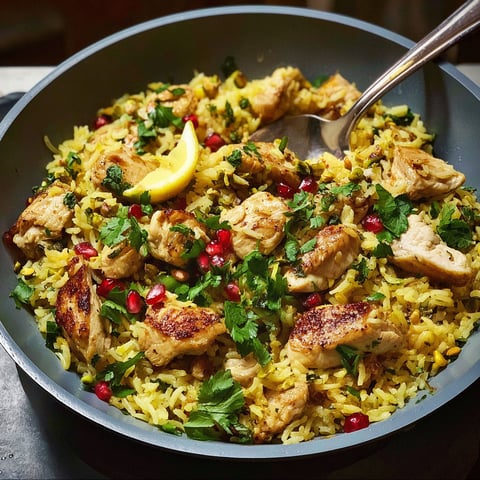 A bowl of Persian-style chicken pilaf.