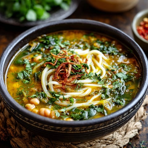 A bowl of Persian noodle soup with vegetables and noodles.